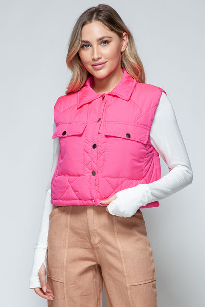 Snobbish Quilted and Cute Snap Down Quilted Crop Vest in Hot Pink