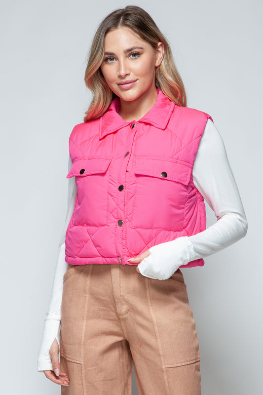 Snobbish Quilted and Cute Snap Down Quilted Crop Vest in Hot Pink