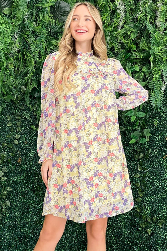 And The Why Endless Summer Floral Mock Neck Flounce Sleeve Dress