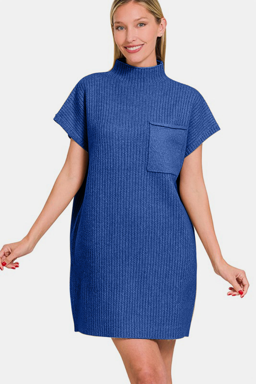 Zenana I'm Ready Short Sleeve Sweater Mini Dress in Navy