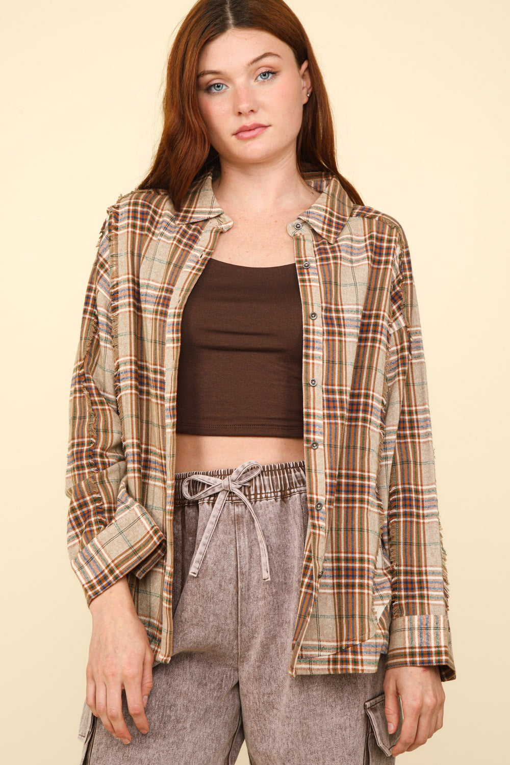 VERY J Falling For Plaid Contrast Plaid Raw Detail Shirt in Taupe