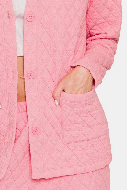 Zenana Quilted Comfort Button Up Long Sleeve Top and Pants Lounge Set in Dark Pink