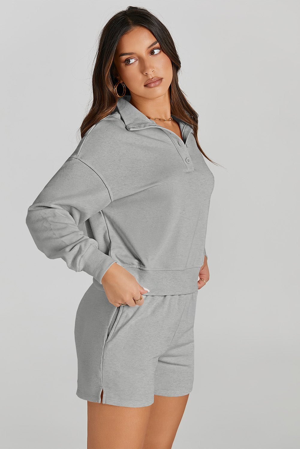 Inhale Exhale Half Button Sweatshirt and Shorts Active Set