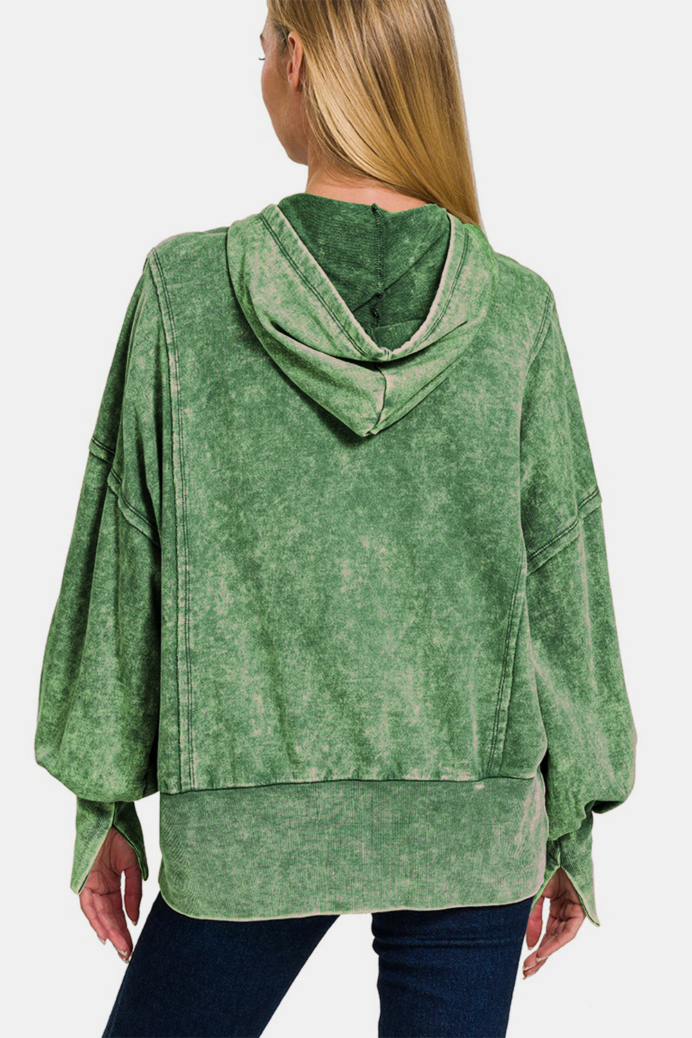 Zenana My Go To French Terry Acid Washed Zip-Up Hoodie with Pockets in Dark Green