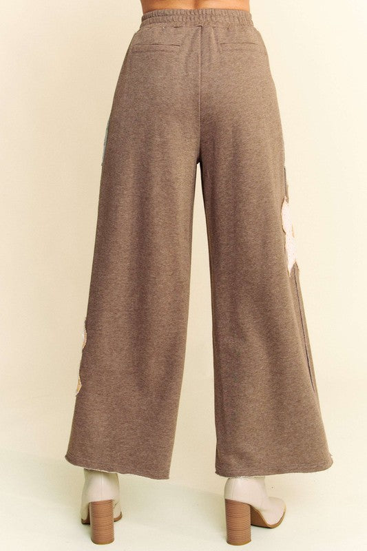 Davi & Dani Blushing Wild Flower Patch Elastic Waist Wide Leg Pants