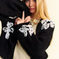 Davi & Dani Pop of Personality Floral Applique Open Front Dropped Shoulder Cardigan