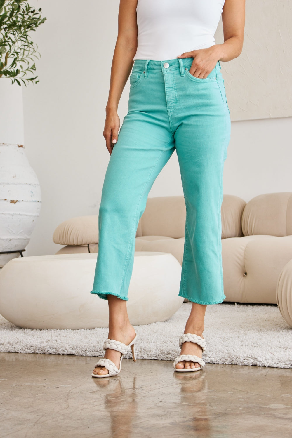 RFM Chloe Tummy Control High Waist Raw Hem Crop Jeans in Island Green