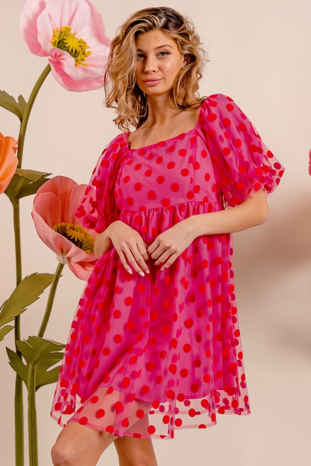 BiBi Who You Are Polka Dot Mesh Puff Sleeve Dress