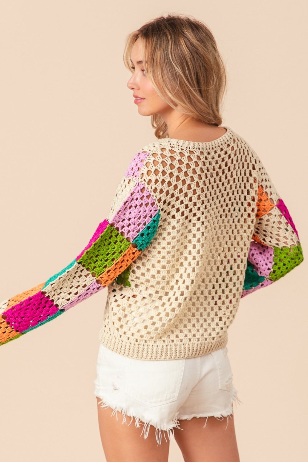 BiBi A World Of Color Multi Color Checkered Long Sleeve Knit Top