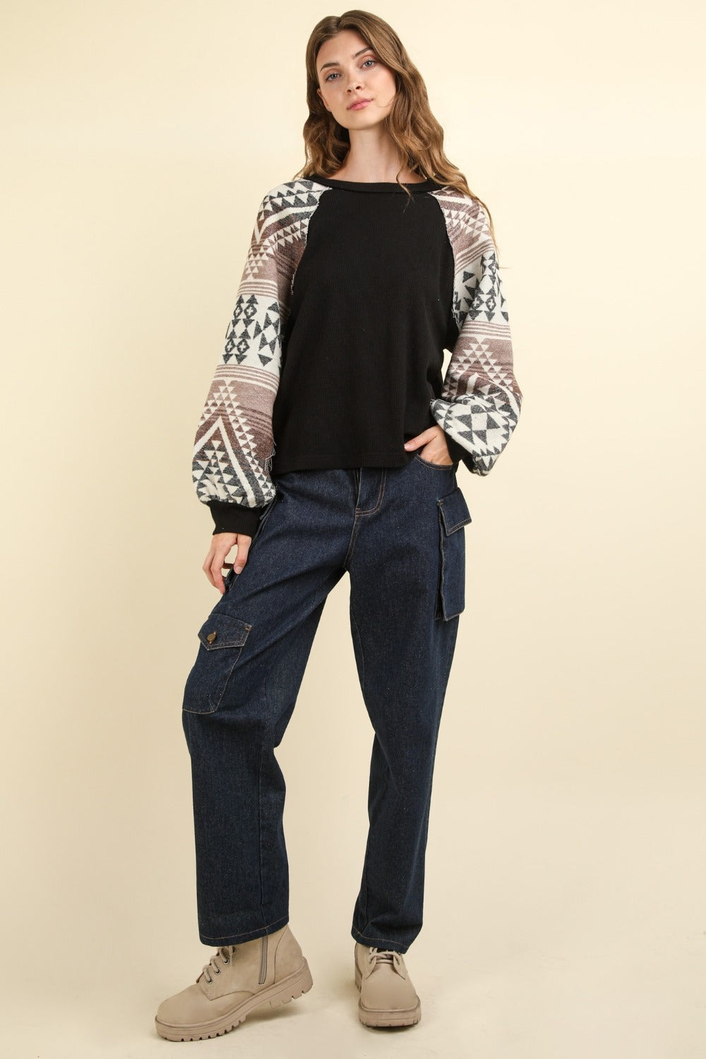 VERY J Steal The Show Printed Long Sleeve Knit Top in Black