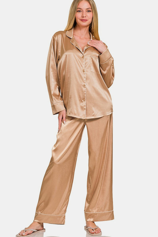 Zenana Wrapped In Satin Long Sleeve Shirt and Pants Pajama Set in Brush