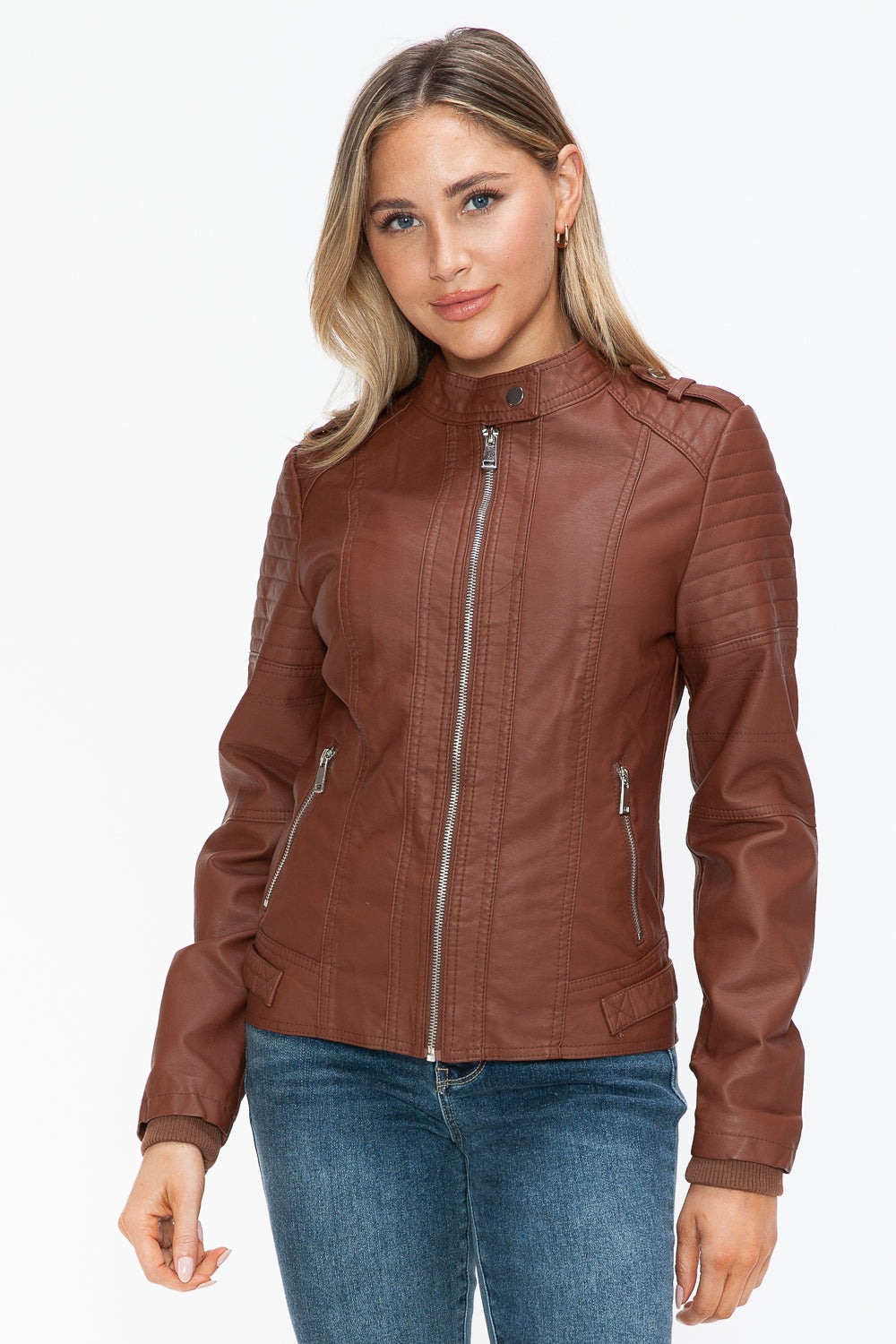 Snobbish Born To Ride PU Leather Biker Jacket with Side Zip Pockets in Brandy