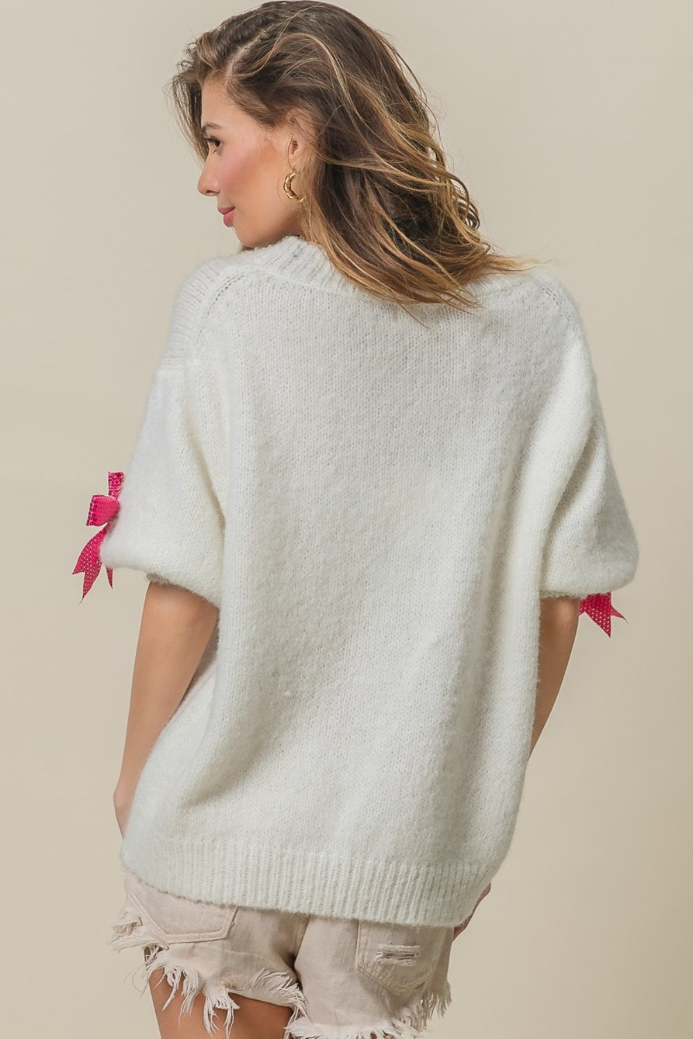 BiBi Wrapped in Sequins Bow Puff Sleeve Sweater