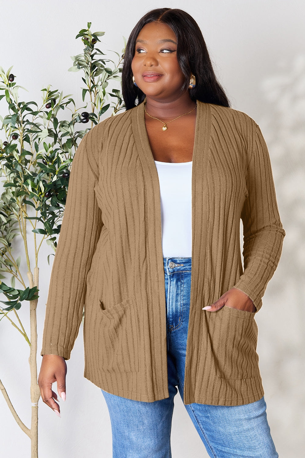 Basic Bae All Day Everyday Ribbed Open Front Cardigan with Pockets