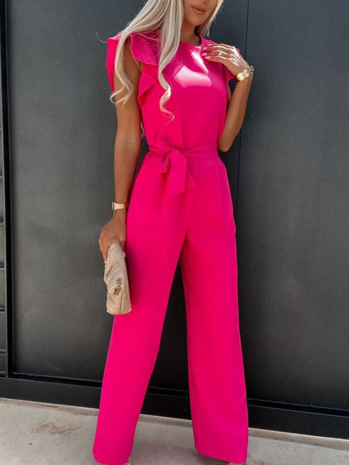 Captivating Muse Ruffled Round Neck Cap Sleeve Jumpsuit with Pockets