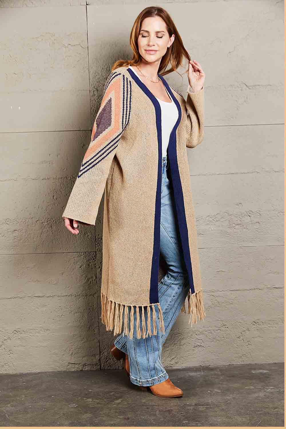 Angel Wings Fall, I'm Ready Geometric Fringe Hem Open Front Duster Cardigan