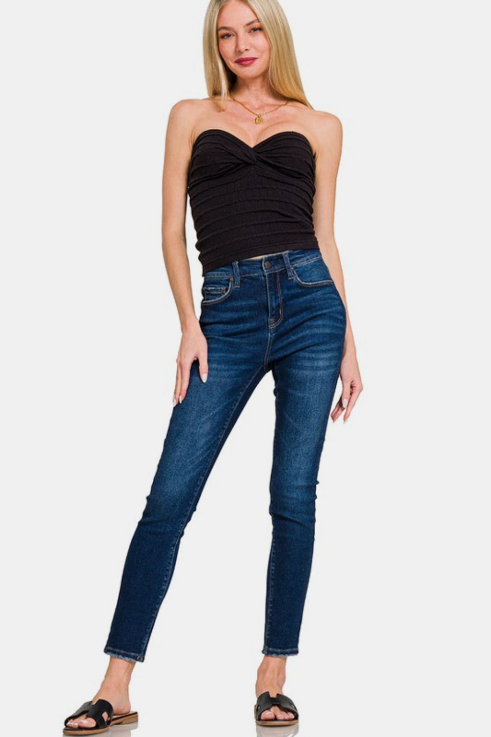 Zenana Stole My Heart Ruched Twisted Sweetheart Neck Top in Black