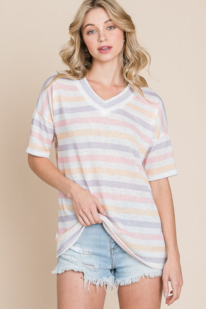 BOMBOM A Bright Start Striped V-Neck Short Sleeve T-Shirt