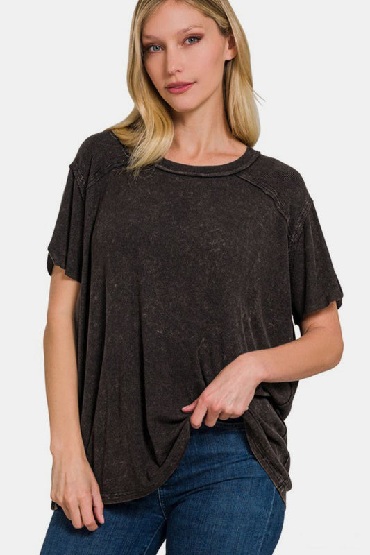 Zenana My Vibes Are Relaxed Washed Ribbed Short Sleeve Top in Black