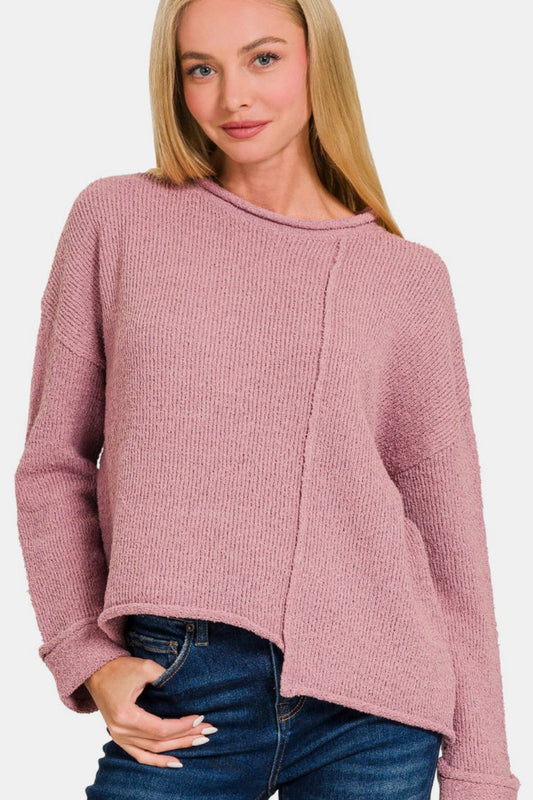 Zenana Wild Wonderland Asymmetric Hem Drop Shoulder Sweater in Light Rose