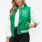 Love Me Now Bring The Love PU Leather Contrast Snap Down Bomber Jacket in Green/Milk