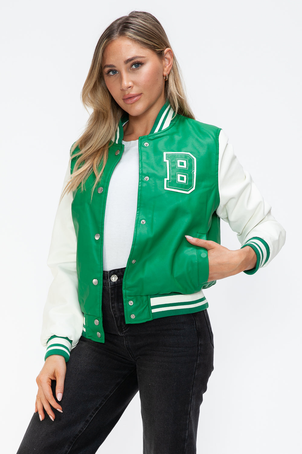 Love Me Now Bring The Love PU Leather Contrast Snap Down Bomber Jacket in Green/Milk