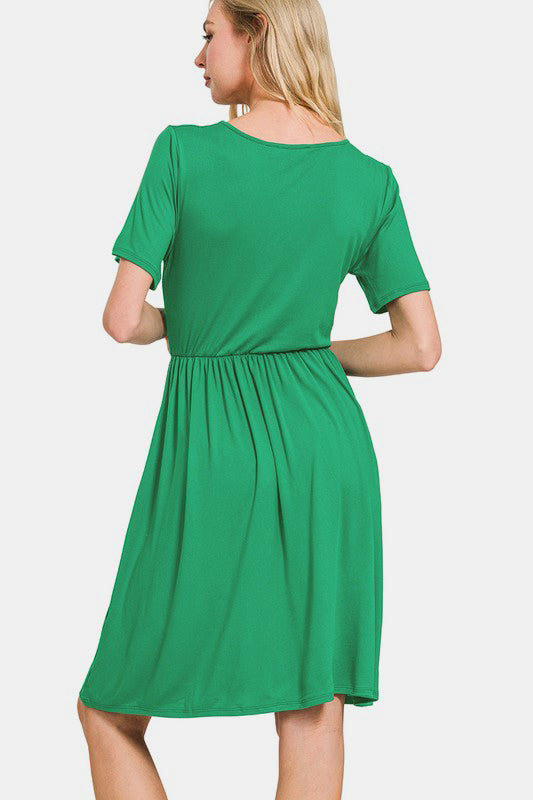 Zenana On The Right Track Surplice Short Sleeve Brushed DTY Dress in Green