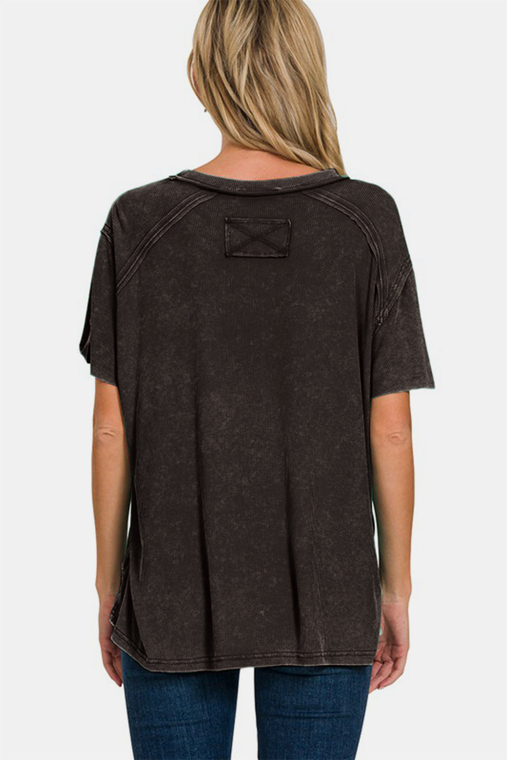 Zenana My Vibes Are Relaxed Washed Ribbed Short Sleeve Top in Black