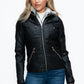 YMI Fuzzy Feels Faux Layered Double-Zipper Jacket with Fuzzy Hood in Black