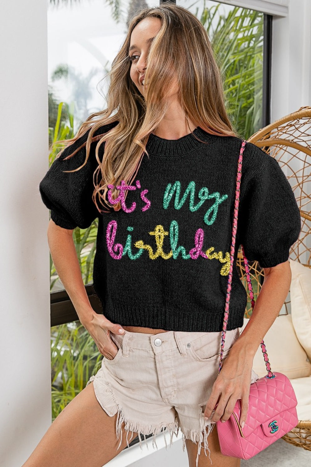 BiBi It's My World Metallic Letter Puff Sleeve Hairy Sweater