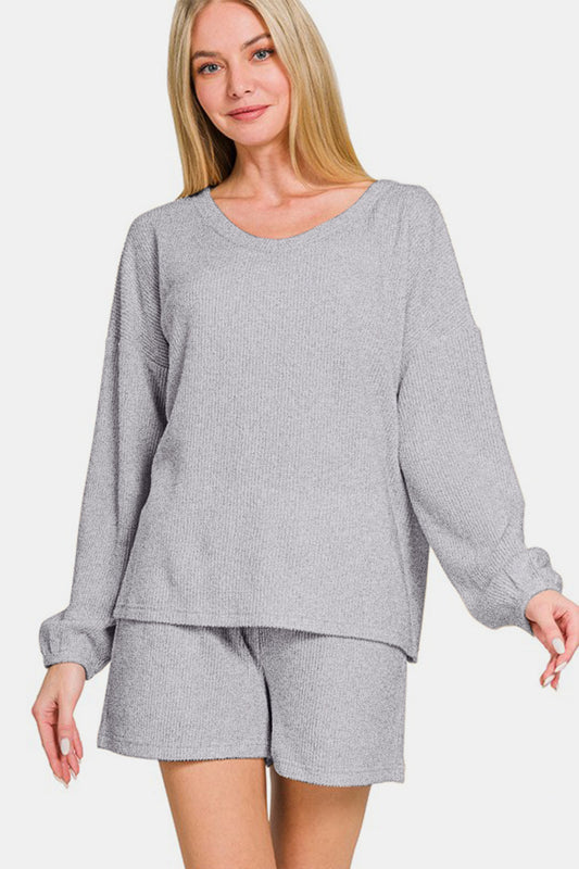 Zenana Collecting Moments V-Neck Long Sleeve Ribbed Top and Shorts Set in Gray