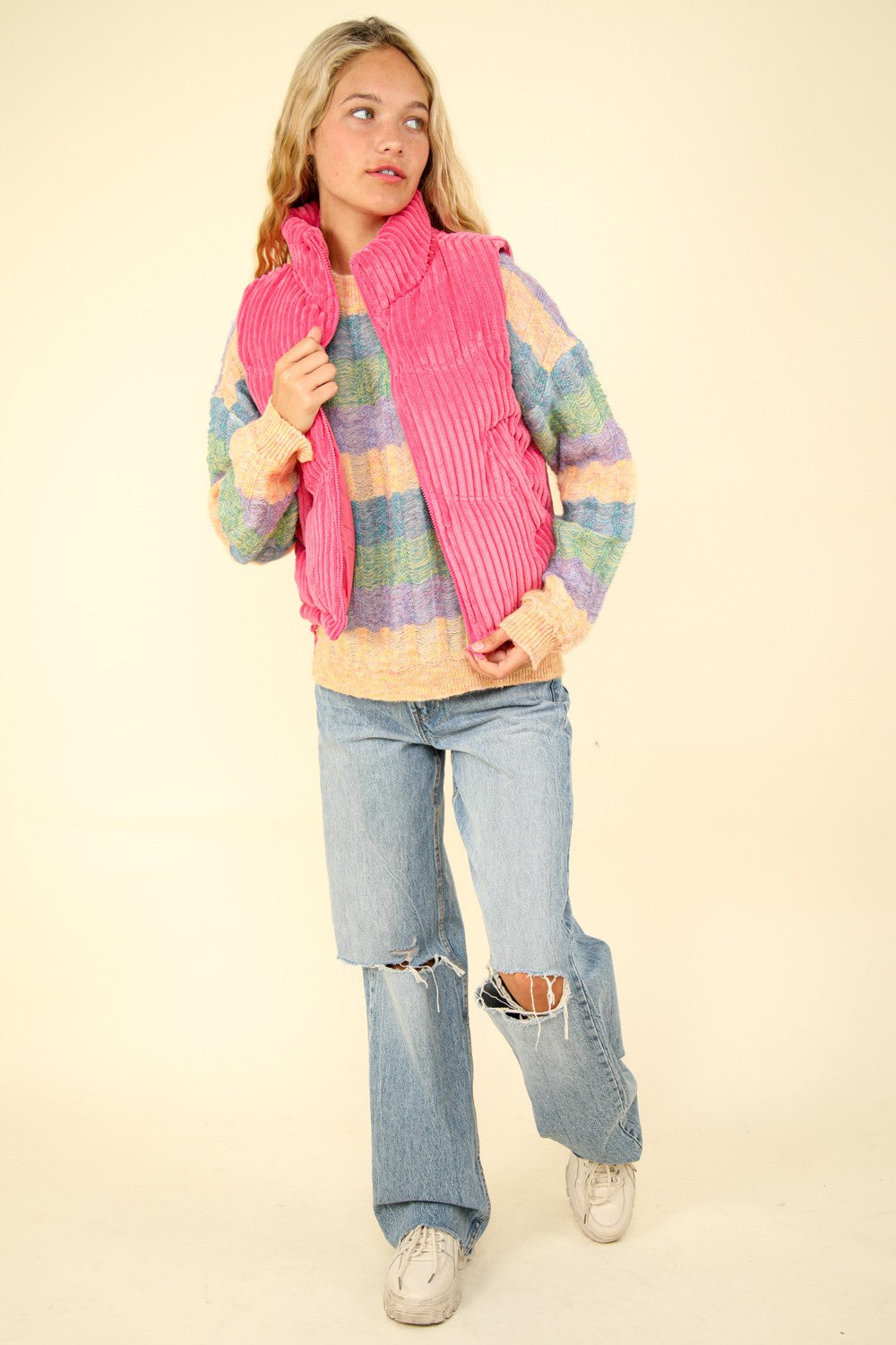 VERY J Fall Adventures Zip Up Padded Corduroy Puffer Vest in Pink