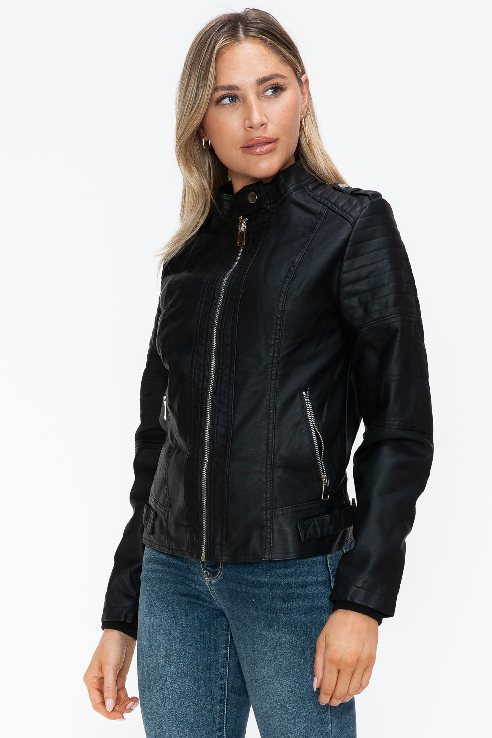 Snobbish Born To Ride PU Leather Biker Jacket with Side Zip Pockets in Black