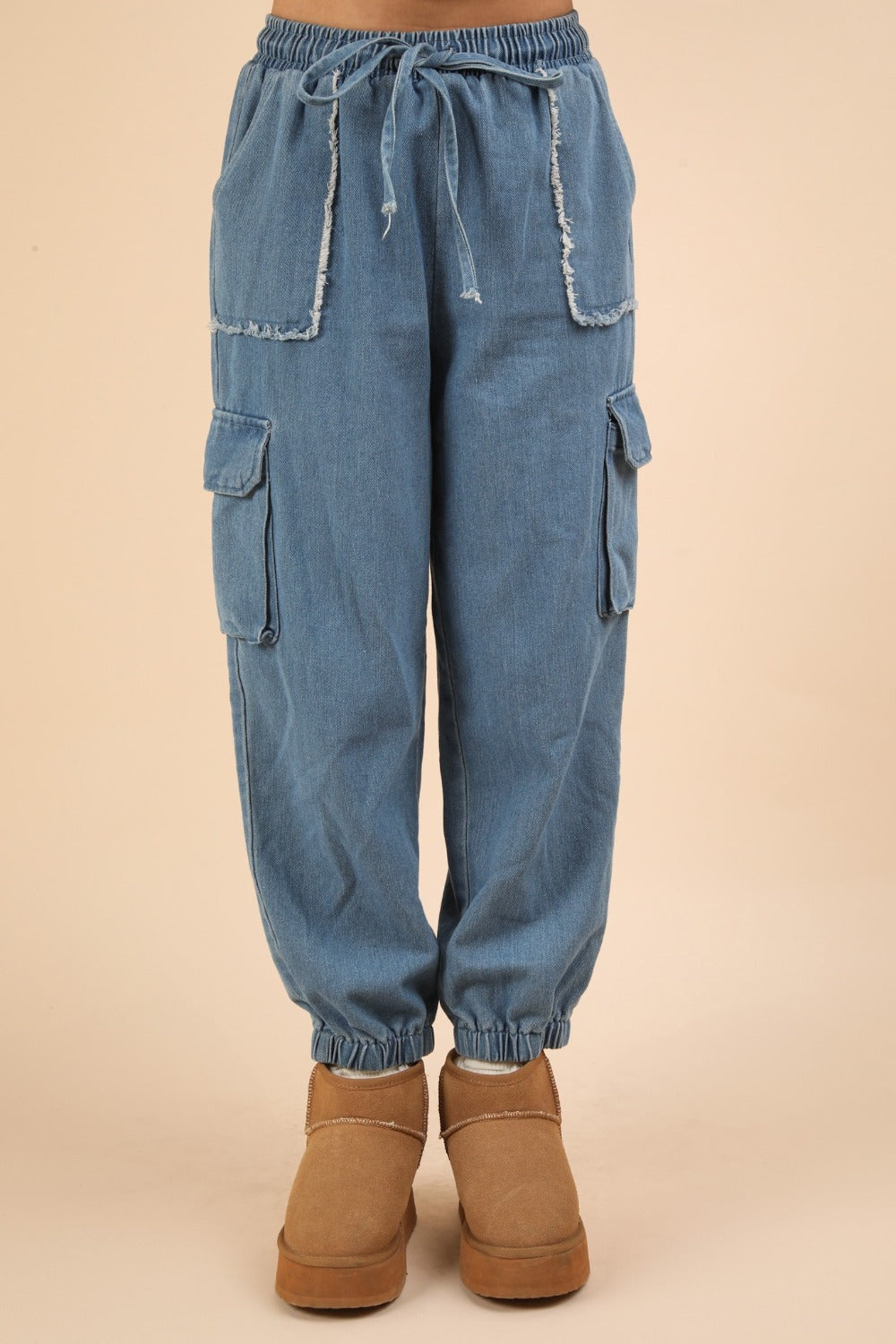 VERY J Good Vibes Washed Drawstring Jogger Cargo Jeans in Indigo