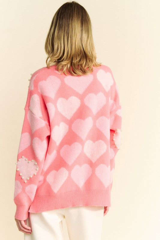Davi & Dani Hearts of Pearl Side Slit V-Neck Sweater in Pink Multi