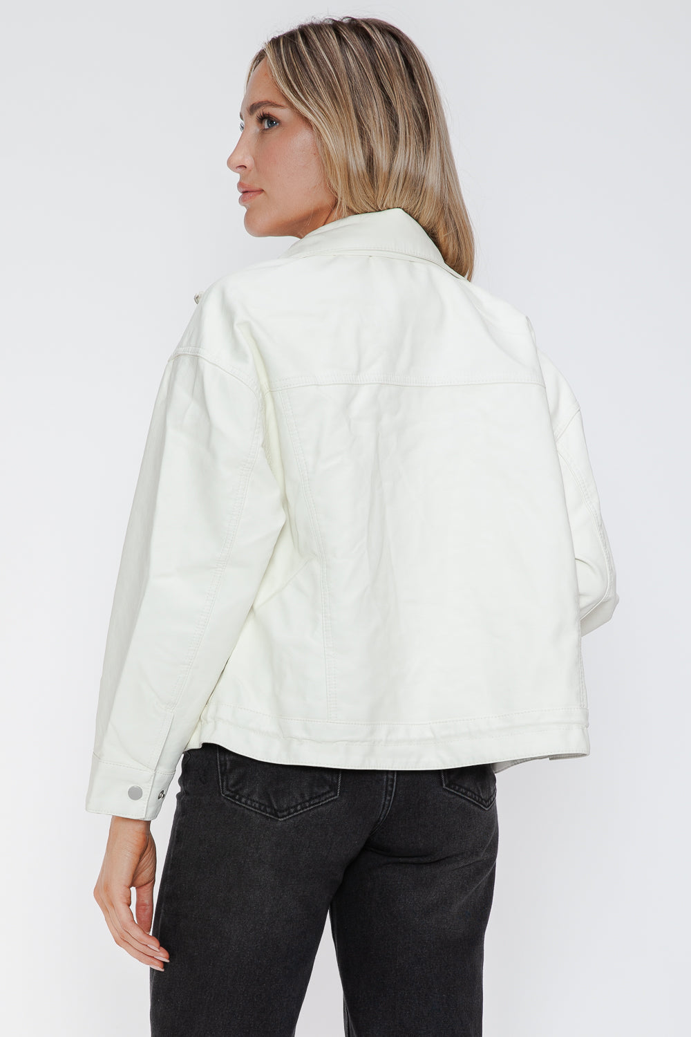How Dare U My Favorite Layer Drawstring Hem PU Leather Zip Up Jacket in White