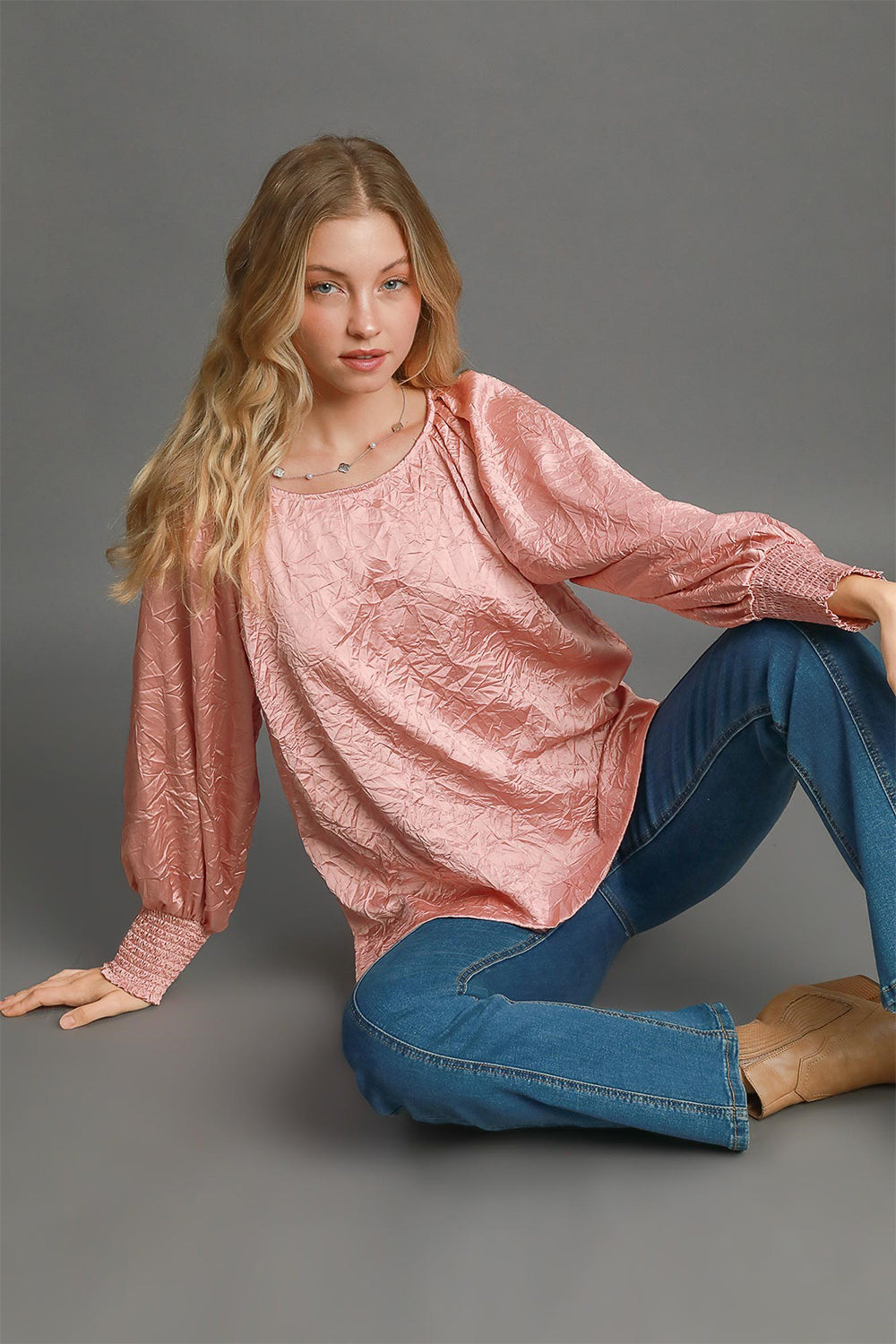 Umgee Perfectly Imperfect Wrinkled Lantern Sleeve Blouse in Blush Pink