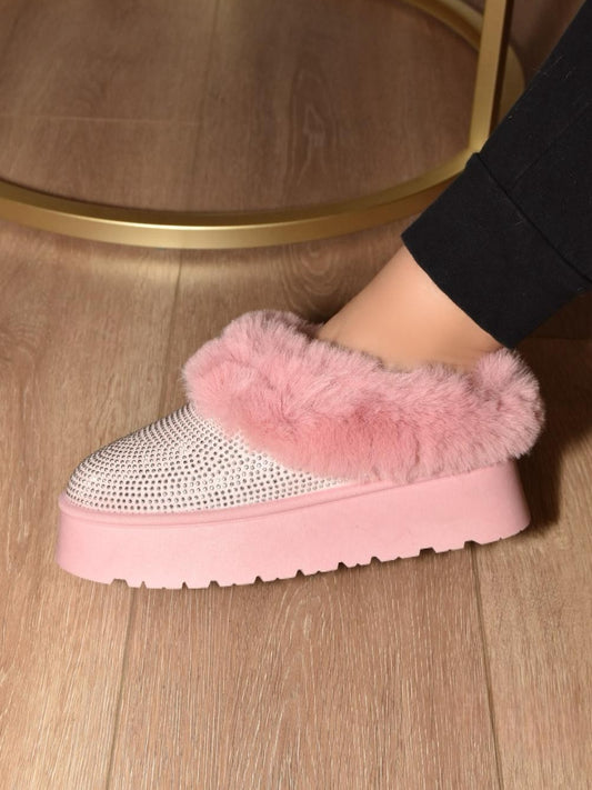 WILD DIVA Fur Real Embellished Faux Fur Platform Booties in Pink