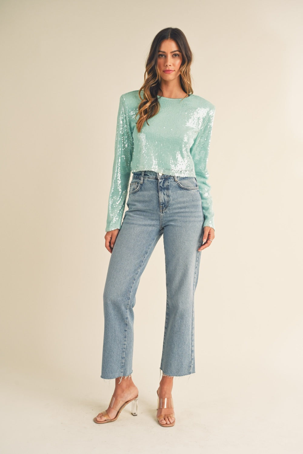 MABLE Bringing The Glitz Shoulder Padded Sequin Crop Top in Mint