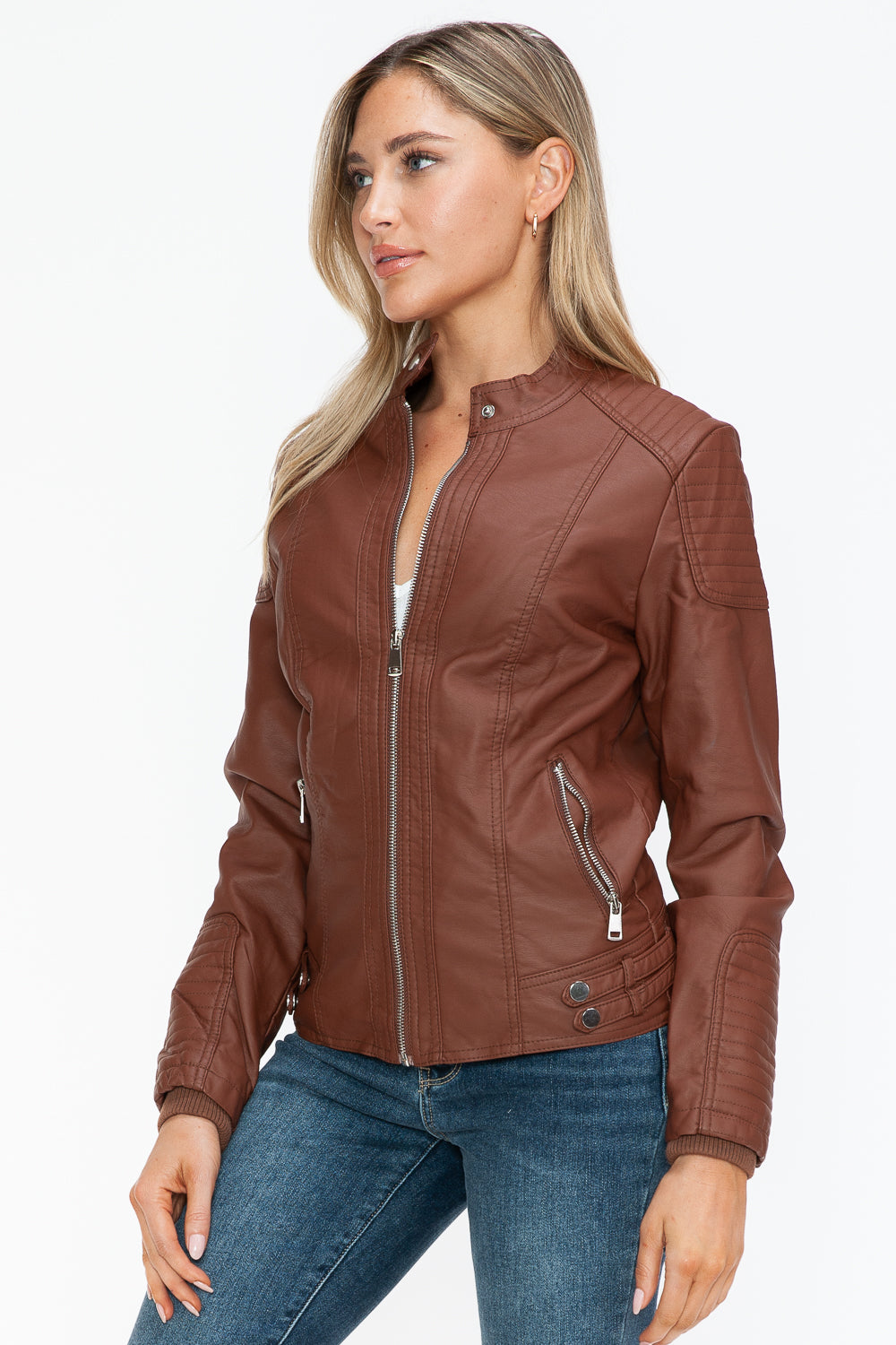 Snobbish A Wild Ride Faux Leather Biker Jacket with Side Zip Pockets in Brandy