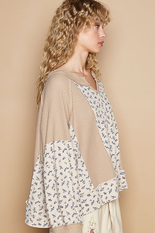 POL A Touch of Sunshine Waffle Knit Floral Notched Long Sleeve Top in Tan