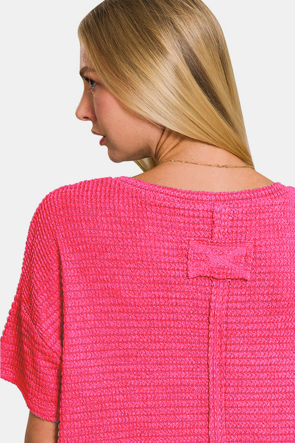 Zenana Summer In Fuchsia Drop Shoulder Short Sleeve Jacquard Knit Top