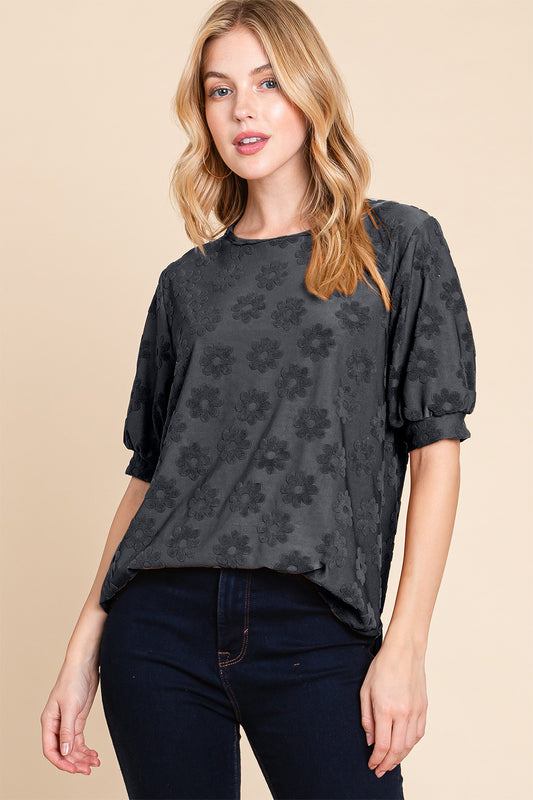 BOMBOM Lasting Love Textured Floral Pattern Short Sleeve Top in Black