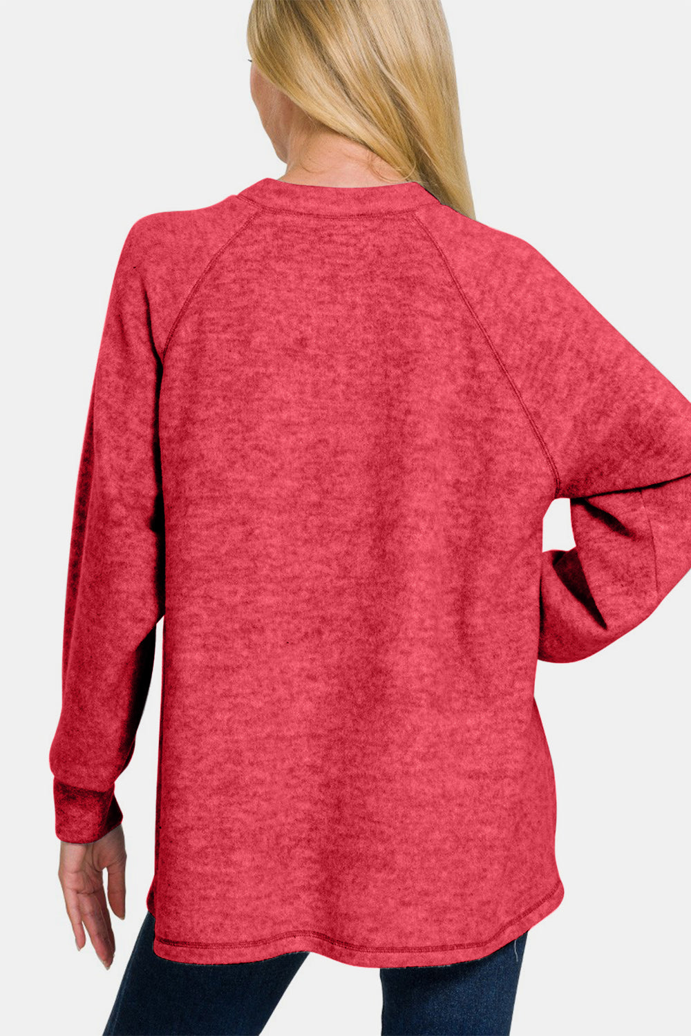 Zenana Mixed Emotions Brushed Melange Hacci High-Low Sweater in Strawberry