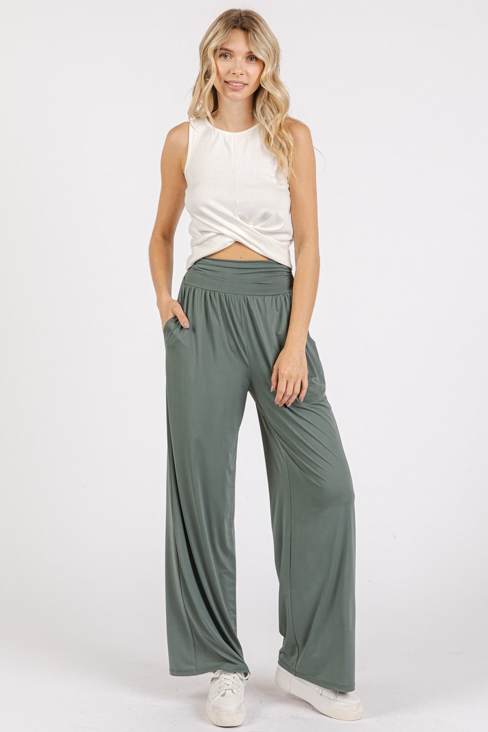 Mittoshop Living for the Flow Stretch Banded Waist Wide Leg Pants with Pockets in Army Green