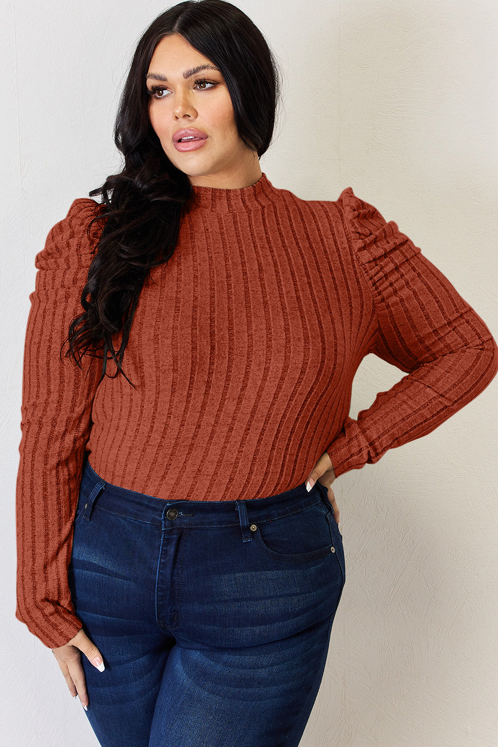 Basic Bae I'm Feeling Extra Ribbed Mock Neck Puff Sleeve T-Shirt