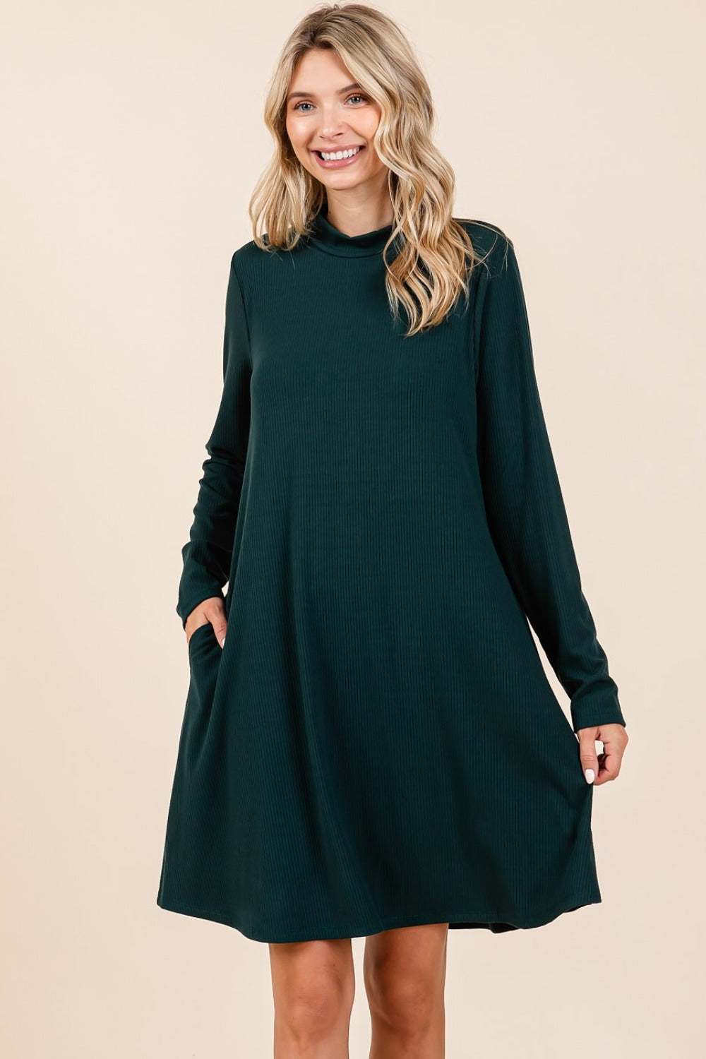 Mittoshop Ready To Go Mock Neck Long Sleeve Dress with Pockets in Hunter Green