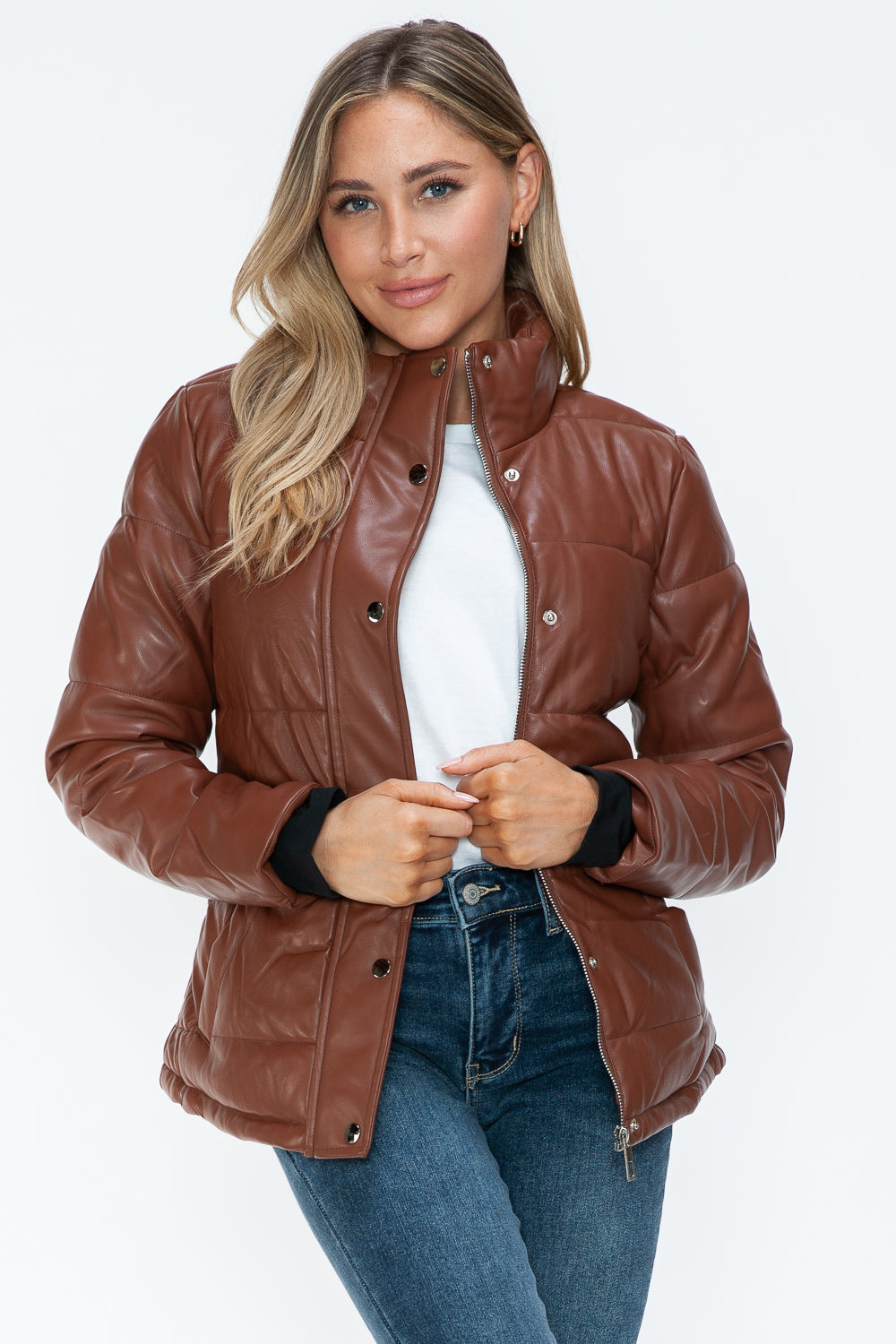 YMI Cozy Perfection Pocketed Zip Up Turtleneck Puffer Jacket in Brandy