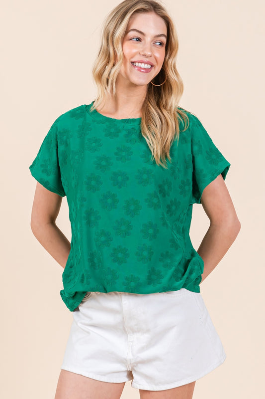 BOMBOM Lasting Love Textured Floral Pattern Short Sleeve T-Shirt in Green