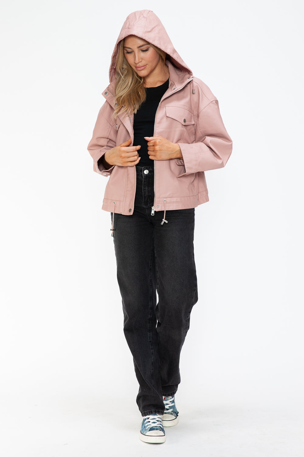 How Dare U My Favorite Layer Drawstring Hem PU Leather Zip Up Jacket in Mauve